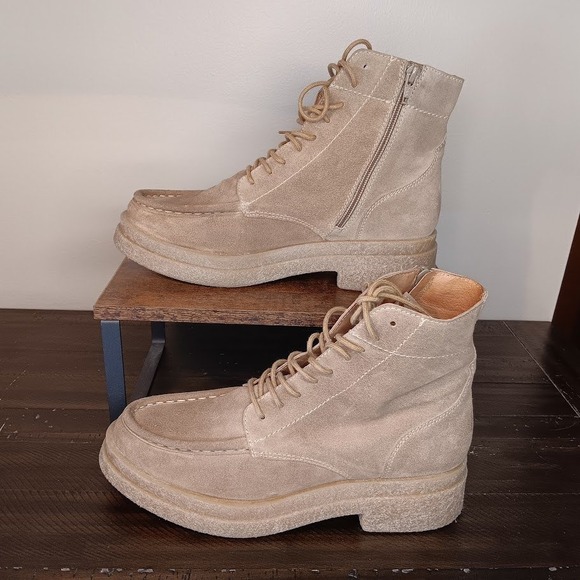 FREE PEOPLE Hiker Beige Suede Lace Up Combat Boots Women's Lug Utilitarian - Picture 3 of 13